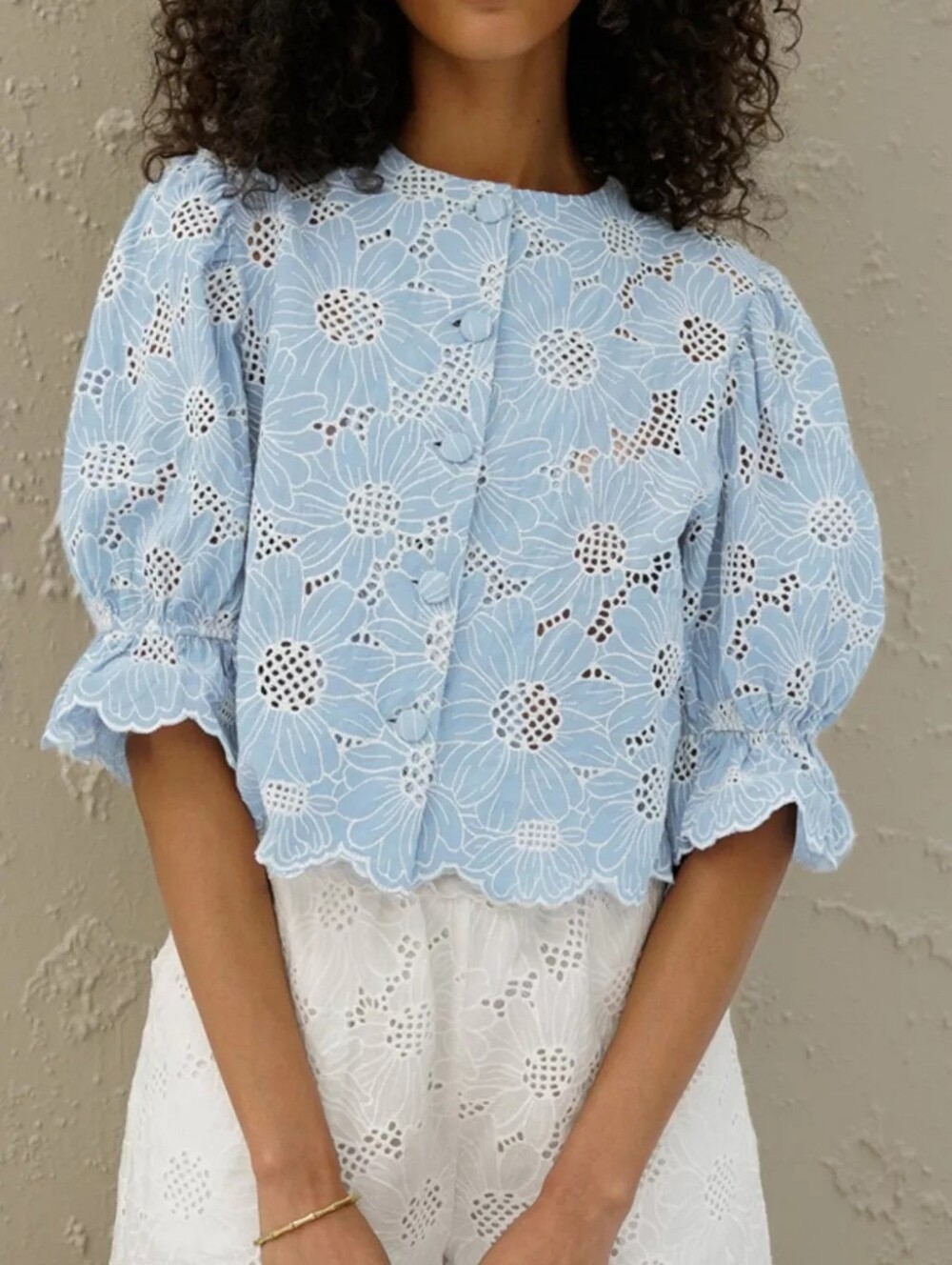 Embroidered Flounce Sleeve Blouse